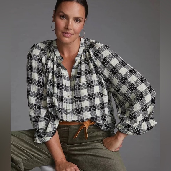 Anthropologie Tops - Pilcro Anthropologie Breezy plaid shirt black and white embroidered shirt